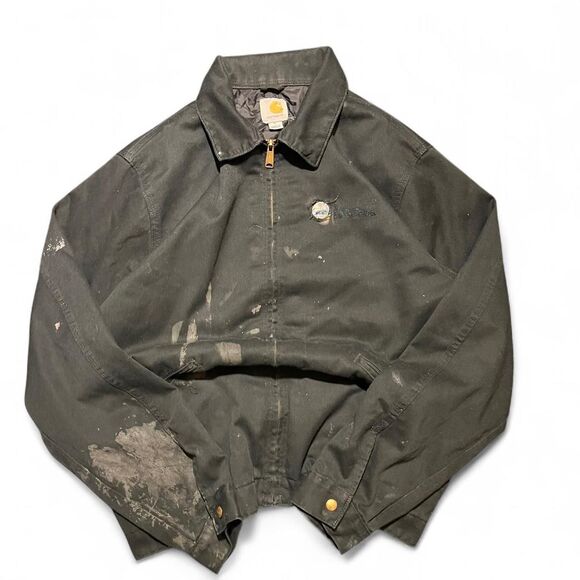 Distressed Carhartt Collared Full Zip Black Jacket Old Painters Stain Patch Sz L - Picture 2 of 6